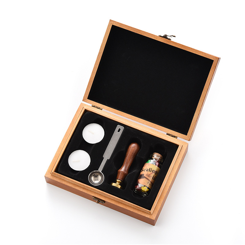 Personalized Logo Custom made Wedding Invitation Wax Sealing Wax Seal Stamp Wood Box with Spoon Candles Wax Beads