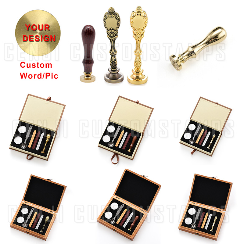 Custom Personalized Logo Invitations Wedding Party Copper Sealing Wax Seal Stamp Wax Strips Sticks Wood Box Retro Metal Handle